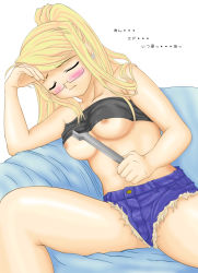 Rule 34 | 00s, 1girl, bandeau, blonde hair, blush, breasts, closed eyes, clothes lift, denim, denim shorts, earrings, fullmetal alchemist, glasses, jewelry, large breasts, midriff, nipples, ponytail, shirt lift, shorts, sitting, solo, strapless, torn clothes, tube top, tube top lift, winry rockbell, wrench