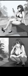 Rule 34 | 1girl, arm support, bikini, black border, border, breasts, cellphone, cigarette, cleavage, comic, crossed legs, earrings, eyewear on head, from side, gongba laoge, greyscale, halterneck, hand on own cheek, hand on own face, high heels, highres, holding, holding cigarette, holding phone, jewelry, large breasts, long hair, looking at phone, looking at viewer, mask, monochrome, mouth mask, navel piercing, on bed, original, outdoors, palm tree, phone, piercing, side-tie bikini bottom, sitting, skindentation, smartphone, smoking, squatting, sunglasses, surgical mask, sweat, swimsuit, tree