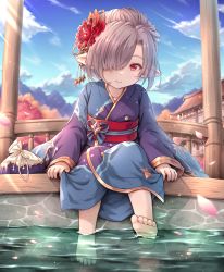 Rule 34 | 1girl, architecture, barefoot, blue kimono, blue sky, cherry blossoms, cloud, commentary request, day, east asian architecture, feet, granblue fantasy, grey hair, hair ornament, hair over one eye, harvin, highres, japanese clothes, khell, kimono, long hair, long sleeves, looking at viewer, niyon (granblue fantasy), obi, outdoors, parted lips, pointy ears, pouch, purple hair, red eyes, sash, short hair, sitting, sky, soaking feet, solo, toes, water, wide sleeves