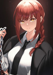 Rule 34 | 1girl, absurdres, blazer, braid, chain, chainsaw man, collared shirt, hair over shoulder, highres, holding, holding chain, jacket, jacket on shoulders, light smile, long hair, looking at viewer, makima (chainsaw man), necktie, potemaka, red hair, ringed eyes, shirt, smile, solo, upper body, yellow eyes