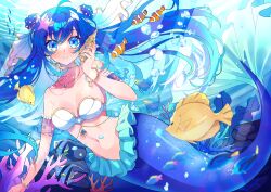 Rule 34 | 1girl, ahoge, armlet, bare shoulders, bikini, bikini top only, blue hair, bracelet, breasts, chain, cleavage, clownfish, collarbone, commentary request, coral, double bun, fish, floating hair, groin, hair between eyes, hair bun, hair ornament, hanae ao, hand up, highres, holding, holding shell, jewelry, large breasts, light rays, lock, long hair, looking at viewer, mermaid, monster girl, navel, necklace, original, parted lips, pearl bracelet, shell, sidelocks, solo focus, starfish hair ornament, stomach, strapless, strapless bikini, swimsuit, underwater, white bikini
