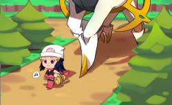 Rule 34 | 1girl, 1other, arceus, beanie, black hair, chibi, creatures (company), dawn (pokemon), game freak, gen 4 pokemon, hat, head out of frame, highres, legendary pokemon, m4tcham0chi, musical note, mythical pokemon, nintendo, pink skirt, pokemon, pokemon (creature), pokemon bdsp, road, scarf, skirt, smile, spoken musical note, tree, walking