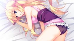 Rule 34 | 1girl, aioh lioh camylia, ass, back, bare arms, bare legs, bare shoulders, bed, blonde hair, blue eyes, breasts, eyebrows, fumio (ura fmo), game cg, hatsuru koto naki mirai yori, indoors, large breasts, legs, long hair, looking away, lying, on bed, on side, panties, parted lips, sideboob, skirt, sleeveless, solo, thighs, underwear, white skirt