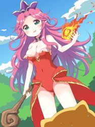 Rule 34 | 1girl, :d, angela (seiken densetsu 3), bare shoulders, blue sky, blush, breasts, choker, cleavage, cloud, covered navel, fire, gold trim, green eyes, hat, highres, holding, holding staff, leotard, long hair, looking at another, magic, medium breasts, open mouth, outdoors, pointy ears, purple choker, purple hair, purple headwear, rabite (seiken densetsu), red leotard, seiken densetsu, seiken densetsu 3, sky, smile, staff, standing, sweat, usagi koushaku, very long hair