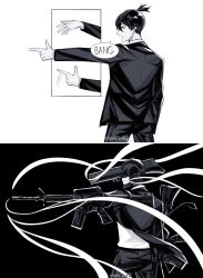 Rule 34 | 1boy, absurdres, alternate form, artist name, black background, black eyes, black hair, black jacket, black legwear, black pants, black suit, chainsaw man, claireiosity, collared shirt, ear piercing, earrings, english text, eyebrows, fang, fangs, finger gun, formal, gesture, gun, hair between eyes, hand signs, hayakawa aki, high ponytail, highres, hybrid, jacket, jewelry, long sleeves, looking to the side, male focus, medium hair, monochrome, monochrome background, pale skin, pants, piercing, profile, rifle, sharp teeth, shirt, short ponytail, sleeves past elbows, smoke, solo, speech bubble, spoilers, standing, stitched, suit, teeth, third-party edit, transformation, watermark, weapon, white background, white shirt
