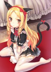Rule 34 | &gt;:(, 10s, 1girl, alternate costume, animal ears, apron, between legs, black dress, blonde hair, blush, bow, bowtie, brown eyes, carpet, cat ears, cat tail, center frills, closed mouth, commentary request, dress, drill hair, elbow gloves, enmaided, eromanga sensei, frills, frown, full body, garter straps, gloves, hair bow, hairband, hand between legs, indoors, kamome yuu, kemonomimi mode, long hair, looking at viewer, maid, on floor, pointy ears, puffy short sleeves, puffy sleeves, red bow, red bowtie, red hairband, reflective floor, short sleeves, solo, tail, tareme, thighhighs, toe scrunch, twin drills, v-shaped eyebrows, very long hair, white apron, white bow, white gloves, white thighhighs, yamada elf, zettai ryouiki