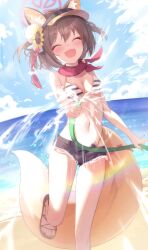 Rule 34 | 1girl, animal ears, beach, bikini, bitseon, black shorts, blue archive, blush, breasts, brown hair, closed eyes, day, eyeshadow, facing viewer, fang, flower, foot out of frame, fox ears, fox tail, hair between eyes, hair flower, hair ornament, highres, holding, holding hose, hose, izuna (blue archive), izuna (swimsuit) (blue archive), makeup, navel, ocean, official alternate costume, open fly, open mouth, outdoors, red eyeshadow, red scarf, scarf, short hair, short shorts, shorts, skin fang, small breasts, smile, solo, striped bikini, striped clothes, swimsuit, tail, toes, yellow flower