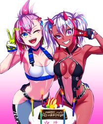 Rule 34 | 2girls, absurdres, black gloves, black one-piece swimsuit, blue eyes, breasts, breasts apart, collarbone, colored skin, commission, covered navel, dual persona, gloves, green gloves, halterneck, highres, hip vent, horns, indie virtual youtuber, looking at viewer, medium breasts, midriff, multicolored hair, multiple girls, navel, o-ring, one-piece swimsuit, one eye closed, open mouth, pants, pink hair, ponytail, red gloves, red hair, red skin, samael (5211), skeb commission, smile, sports bra, streaked hair, swimsuit, twintails, two-tone gloves, v, virtual youtuber, white gloves, white hair, white pants, white sports bra, yfu, yoga pants