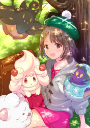Rule 34 | 1girl, :d, :p, against tree, alcremie, alcremie (strawberry sweet), alcremie (vanilla cream), bag, blush, brown eyes, brown hair, collarbone, commentary request, creatures (company), dappled sunlight, day, dress, fangs, flying, food, fruit, game freak, gen 6 pokemon, gen 8 pokemon, gloria (pokemon), grass, green headwear, grey jacket, hat, highres, jacket, long sleeves, looking at viewer, nintendo, open mouth, outdoors, pechi (peeechika), pink dress, pokemon, pokemon (creature), pokemon swsh, polteageist, pumpkaboo, satchel, short hair, sitting, smile, sparkle, strawberry, sunlight, swirlix, tam o&#039; shanter, teapot, tongue, tongue out, tree, under tree