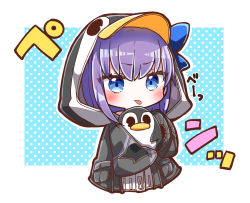 Rule 34 | 1girl, absurdres, animal hood, black jacket, blue background, blue bow, blue eyes, blush, bow, chibi, closed mouth, cropped torso, fate/grand order, fate (series), highres, hood, hood up, hooded jacket, jacket, jako (jakoo21), long sleeves, looking at viewer, meltryllis, meltryllis (fate), meltryllis (swimsuit lancer) (fate), meltryllis (swimsuit lancer) (first ascension) (fate), penguin hood, polka dot, polka dot background, puffy long sleeves, puffy sleeves, purple hair, sidelocks, sleeves past fingers, sleeves past wrists, solo, stuffed animal, stuffed penguin, stuffed toy, tongue, tongue out, translation request, two-tone background, upper body, v-shaped eyebrows, white background