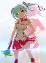 Rule 34 | 1girl, 2015, aqua eyes, blue hair, dated, earrings, epaulettes, gloves, gradient background, hand on own hip, jewelry, long hair, looking at viewer, megaphone, multicolored hair, nagian, nanasaki nicole, pink hair, rokusaki coney, skirt, smile, solo, tokyo 7th sisters, twintails, white gloves