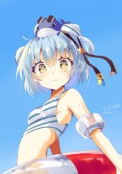 Rule 34 | 1girl, bikini, blue background, blue hair, blush, breasts, closed mouth, dixie cup hat, double bun, gradient background, hair between eyes, hair bun, hat, hat ribbon, highres, hizaka, inflatable armbands, innertube, kantai collection, lifebuoy, military hat, one-hour drawing challenge, ribbon, samuel b. roberts (kancolle), short hair, small breasts, smile, solo, striped bikini, striped clothes, sunglasses, swim ring, swimsuit, whale, white hat, yellow eyes