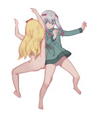 Rule 34 | 10s, 2girls, :/, arms up, ass, barefoot, blonde hair, blue eyes, blue hair, bow, closed mouth, commentary request, eromanga sensei, full body, hair between eyes, hair bow, highres, izumi sagiri, jacket, long hair, long sleeves, looking at another, maredoro, multiple girls, no pants, nude, panties, pink bow, red bow, side-by-side, simple background, track jacket, underwear, white background, white panties, yamada elf