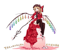 Rule 34 | 1girl, absurdres, adapted costume, black hat, black thighhighs, blonde hair, flandre scarlet, frilled skirt, frills, full body, garter straps, happy birthday, hat, hat ribbon, high heels, highres, holding, holding weapon, laevatein, long hair, mob cap, open mouth, red eyes, red ribbon, red skirt, ribbon, shoes, side ponytail, sitting, skirt, smile, solo, thighhighs, touhou, unworn shoes, weapon, white background, white footwear, wings, zi se