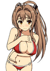 Rule 34 | 10s, 1girl, amagi brilliant park, antenna hair, bare shoulders, bikini, blush, breast hold, breasts, brown eyes, brown hair, cleavage, collarbone, cowboy shot, hand on own chest, kasanui, large breasts, long hair, looking at viewer, navel, o-ring, o-ring bottom, o-ring top, ponytail, red bikini, sento isuzu, shiny skin, sketch, solo, sweatdrop, swimsuit, thigh gap, white background