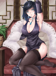 Rule 34 | 1girl, absurdres, alternate costume, arm behind head, arm up, armpits, artist name, asymmetrical hair, barefoot, bead necklace, beads, black dress, black gloves, black hair, black thighhighs, blue hair, breasts, coat, commentary, couch, diagonal bangs, dice, dress, earrings, elbow gloves, english commentary, evening gown, fur coat, garter straps, gem, genshin impact, gloves, gradient hair, green eyes, highres, indoors, jewelry, large breasts, looking at viewer, mole, mole on breast, multicolored hair, necklace, no shoes, parted lips, plant, potted plant, short dress, short hair, side slit, sitting, solo, sparkle print, tassel, thezart (zero), thighhighs, thighs, unworn coat, yelan (genshin impact)
