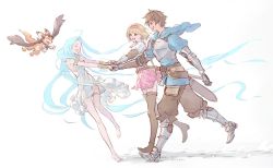 Rule 34 | 1boy, 2girls, armor, armored boots, barefoot, belt, blonde hair, blue hoodie, boots, bracer, breastplate, brown footwear, brown hair, brown pants, djeeta (granblue fantasy), dragon, dress, closed eyes, gauntlets, gran (granblue fantasy), granblue fantasy, hairband, holding hands, hood, hoodie, long hair, looking at another, lyria (granblue fantasy), multiple girls, open mouth, pants, pink skirt, sheath, sheathed, shirt, short sleeves, skirt, sky kbuc, sleeveless, sleeveless dress, smile, sword, thigh boots, thigh strap, vyrn (granblue fantasy), walking, weapon, white dress, white shirt
