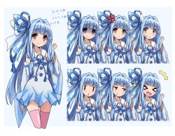Rule 34 | &gt; &lt;, 1girl, ^^^, angry, blue dress, blue hair, blue ribbon, blunt bangs, character sheet, clenched teeth, closed eyes, detached sleeves, dress, explosion, female focus, hair intakes, hair ribbon, highres, kotonoha aoi, long hair, long sleeves, looking at viewer, open mouth, pink thighhighs, red eyes, ribbon, shaded face, smile, smug, solo, tasikanamanzok, teeth, thighhighs, very long hair, voiceroid, wide sleeves, zettai ryouiki