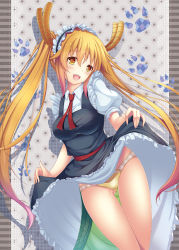 Rule 34 | 10s, 1girl, blonde hair, boli shenshe, breasts, clothes lift, dragon girl, dragon horns, dragon tail, dress, dress lift, highres, horns, kobayashi-san chi no maidragon, large tail, lifted by self, long hair, looking at viewer, maid, maid headdress, medium breasts, monster girl, necktie, open mouth, panties, red eyes, red necktie, sash, short sleeves, solo, standing, tail, thigh gap, tohru (maidragon), twintails, underwear, yellow panties