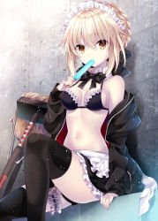 Rule 34 | 1girl, apron, artoria pendragon (all), artoria pendragon (alter swimsuit rider) (fate), artoria pendragon (alter swimsuit rider) (second ascension) (fate), artoria pendragon (fate), bikini, black bikini, black panties, black ribbon, black thighhighs, blonde hair, braid, breasts, bridal garter, brown eyes, closed mouth, collar, fate/grand order, fate (series), food, french braid, frilled apron, frilled collar, frills, hair between eyes, hair ribbon, hood, hoodie, knee up, looking at viewer, maid, maid bikini, medium breasts, mop, navel, nogi takayoshi, open clothes, open hoodie, panties, pantyshot, popsicle, ribbon, saber alter, sexually suggestive, sidelocks, sitting, solo, swimsuit, thighhighs, tsurime, unconventional maid, underwear, waist apron