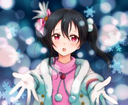 Rule 34 | 10s, 1girl, black hair, gloves, highres, lilylion26, love live!, love live! school idol project, open mouth, red eyes, snow halation, snowflakes, solo, twintails, yazawa nico