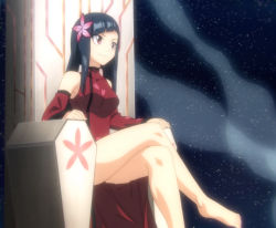 Rule 34 | 1girl, anime screenshot, barefoot, black hair, breasts, chinese clothes, crossed legs, eden&#039;s zero, feet, flower, hair flower, hair ornament, highres, legs, long hair, red eyes, sitting, smile, solo, stitched, third-party edit, toes, xiaomei (eden&#039;s zero)