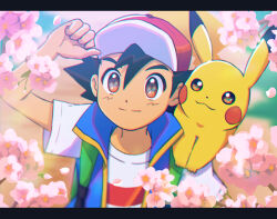Rule 34 | 1boy, arm up, ash ketchum, backpack, bag, black hair, blue jacket, brown eyes, cherry blossoms, closed mouth, commentary request, creatures (company), day, fuwamoko momen toufu, game freak, gen 1 pokemon, green bag, hair between eyes, hat, highres, jacket, male focus, nintendo, outdoors, pikachu, pokemon, pokemon (anime), pokemon (creature), pokemon journeys, pokemon swsh147, red headwear, shirt, short hair, short sleeves, sleeveless, sleeveless jacket, smile, t-shirt, white shirt