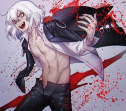 Rule 34 | 1boy, :d, abs, bad id, bad twitter id, black jacket, black pants, blade, blood, blood splatter, collared shirt, commentary request, cowboy shot, gradient background, grey background, highres, jacket, jacket on shoulders, long sleeves, male focus, medium hair, navel, nipples, open clothes, open mouth, open shirt, pants, poisonsugar000, red eyes, sharp teeth, shirt, smile, solo, standing, stomach, teeth, tohno shiki (2), tsukihime, weapon, white hair, white shirt, wing collar