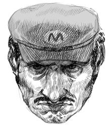 Rule 34 | 1boy, commentary, english commentary, facial hair, frown, grandguerrilla, greyscale, hat, looking at viewer, male focus, mario, mario (series), monochrome, mustache, nintendo, realistic, shaded face, simple background, solo, white background