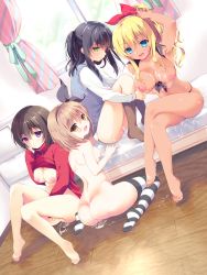 Rule 34 | 4girls, amanagi seiji, ass, barefoot, bedroom, between legs, bikini, bikini pull, black bikini, black hair, black socks, blonde hair, blue eyes, blush, bottomless, breasts, brown hair, cabinet, clothes lift, clothes pull, collared shirt, crossed legs, cum, cum on body, cum on breasts, cum on floor, cum on lower body, cum on upper body, cumdrip, curtains, dutch angle, front-tie bikini top, front-tie top, green eyes, hair between eyes, hair ribbon, half updo, hand between legs, hugging own legs, indoors, jacket, kneehighs, knees together feet apart, large breasts, light brown hair, light smile, long hair, long sleeves, looking at viewer, medium breasts, multiple girls, nipples, nude, on bed, on floor, open mouth, original, ponytail, purple eyes, red ribbon, ribbon, school uniform, shirt, short hair, sitting, smile, socks, striped clothes, striped legwear, striped thighhighs, sweater, sweater lift, sweater vest, swimsuit, tan, thighhighs, thighs, track jacket, wariza, white legwear, white shirt, window, wooden floor, yellow eyes