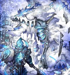 Rule 34 | 1other, armor, blue theme, commentary request, dragon, grey scarf, highres, holding, holding polearm, holding shield, holding weapon, ice, looking to the side, mansion, mix (candlmix), original, pauldrons, polearm, ponytail, scarf, shield, shoulder armor, skeleton, snowing, solo, standing, undead, weapon, winter