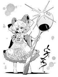 Rule 34 | 1girl, barefoot, character name, curly hair, detached sleeves, dress, earrings, full body, greyscale, horn ornament, horn ribbon, horns, jewelry, monochrome, off-shoulder dress, off shoulder, oversized object, patterned clothing, pointy ears, red horns, ribbon, sharp teeth, sheep horns, tanasuke, teeth, touhou, toutetsu yuuma, white background