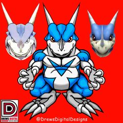 Rule 34 | absurdres, digimon, digimon (creature), dragon, highres, horns, looking at viewer, red background, red eyes, simple background, solo, v-dramon