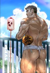 Rule 34 | 1boy, ass, back, bara, brown hair, feet out of frame, fundoshi, highres, japanese clothes, leg hair, looking at viewer, looking back, magatama print, male focus, mature male, muscular, muscular male, original, shadow, short hair, sideburns, solo, sweat, thick eyebrows, thick thighs, thighs, tofu (tofulabo), topless male, translation request