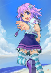 Rule 34 | 10s, 1girl, beach, blue eyes, cable, cloud, d-pad, day, female focus, gradient background, hair ornament, light rays, looking at viewer, neptune (neptunia), neptune (series), ocean, outdoors, purple footwear, purple hair, segamark, shoes, skirt, sky, solo, striped clothes, striped thighhighs, sunbeam, sunlight, thighhighs, waves