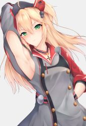 Rule 34 | 1girl, admiral hipper (azur lane), ahoge, annoyed, arm behind head, arm up, armpit cutout, armpits, azur lane, belt, blonde hair, blush, breasts, choker, closed mouth, clothing cutout, collarbone, cross, gloves, green eyes, grey background, hair between eyes, half-closed eyes, hand on own hip, hat, head tilt, headgear, highres, iron cross, long hair, looking at viewer, military, military uniform, mole, mole under eye, multicolored clothes, open mouth, ranju aira, sidelocks, simple background, small breasts, solo, two side up, uniform, upper body