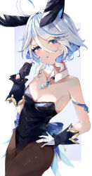 Rule 34 | 1girl, :o, absurdres, ahoge, alternate costume, animal ears, asymmetrical gloves, bimmy, black gloves, black leotard, blue hair, blush, breasts, brown pantyhose, collarbone, covered navel, detached collar, fake animal ears, furina (genshin impact), genshin impact, gloves, hair between eyes, hand on own hip, heterochromia, highres, leotard, looking at viewer, mismatched gloves, multicolored hair, pantyhose, playboy bunny, rabbit ears, small breasts, solo, thick thighs, thighs, two-tone hair, white gloves
