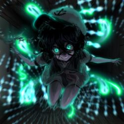 Rule 34 | 1girl, anchor, anchor print, aqua eyes, arms at sides, black hair, blurry, blurry background, commentary, constricted pupils, crazy eyes, crazy smile, danmaku, dark, flat cap, glowing, glowing eyes, hair between eyes, hat, highres, hishaku, holding, ladle, long bangs, messy hair, murasa minamitsu, outstretched arms, puffy short sleeves, puffy sleeves, red neckwear, sailor, sailor collar, sailor hat, short hair, short sleeves, skirt, smile, solo, spell card, sunnysideup, touhou, white hat, wide-eyed