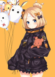 Rule 34 | 1girl, abigail williams (fate), abigail williams (traveling outfit) (fate), balloon, black bow, black jacket, blonde hair, blue eyes, blush, bow, closed mouth, commentary request, cowboy shot, crossed bandaids, fate/grand order, fate (series), fou (fate), hair bow, hair bun, head tilt, heroic spirit traveling outfit, holding, holding balloon, jacket, key, komori kuzuyu, long hair, long sleeves, looking at viewer, medjed (fate), hugging object, official alternate costume, orange background, orange bow, parted bangs, polka dot, polka dot bow, single hair bun, sleeves past fingers, sleeves past wrists, solo, star (symbol), stuffed animal, stuffed toy, teddy bear