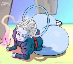 Rule 34 | 1boy, angel (dragon ball), artist logo, ass, blue skin, bottomless, bug, butterfly, colored skin, daishinkan, dragon ball, dragon ball super, halo, highres, huge ass, insect, looking at object, lying, male focus, medium hair, naughtypaw, purple eyes, smile, white hair