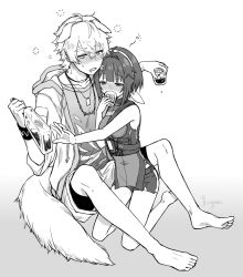 Rule 34 | 1boy, 1girl, 9kugai, ahoge, animal ears, arknights, blush, brother and sister, cup, dog boy, dog ears, dog tail, drinking glass, drunk, fangs, feather hair, greyscale, hair intakes, hairband, highres, jacket, jewelry, la pluma (arknights), monochrome, necklace, open clothes, open jacket, short hair, short shorts, shorts, shot glass, siblings, sleeveless, squeans, tail, tequila (arknights), thick eyebrows