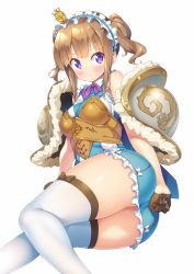 Rule 34 | 10s, 1girl, armor, ass, bare shoulders, blush, brown gloves, brown hair, commentary, frown, fur trim, gloves, half gloves, headdress, heart, heart-shaped pupils, highres, kazuma (kazumav), last period, lisa (last period), looking at viewer, purple eyes, simple background, solo, symbol-shaped pupils, thighhighs, thighs, twintails, white background, white thighhighs