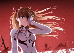 Rule 34 | 1girl, blue eyes, breasts, brown hair, cowboy shot, evangelion: 3.0+1.0 thrice upon a time, eyepatch, frown, hair between eyes, hair over one eye, hand over eye, highres, interface headset, long hair, looking at viewer, navel, neon genesis evangelion, plugsuit, ranh, rebuild of evangelion, red background, small breasts, solo, souryuu asuka langley, utility pole