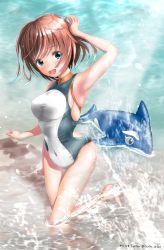 Rule 34 | 1girl, :d, afloat, aqua eyes, armpits, artist name, bare shoulders, barefoot, beach, blush, breasts, brown hair, commentary request, competition swimsuit, covered navel, day, full body, garter-velvet, halterneck, hand on own head, highres, inflatable dolphin, inflatable toy, kneeling, light smile, looking at viewer, medium breasts, ocean, one-piece swimsuit, open mouth, original, outdoors, partially submerged, shadow, shiny skin, short hair, sideboob, skin tight, smile, solo, splashing, sunlight, swimsuit, teeth, turtleneck, twitter username, two-tone swimsuit, wading, water, wet