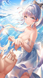 Rule 34 | 1girl, 1other, absurdres, alternate costume, ayaka (genshin impact), bare shoulders, beach, blue eyes, blue sky, breasts, closed mouth, collarbone, dress, feathers, fingernails, fireworks, floating hair, from side, genshin impact, gold choker, hair ribbon, highres, holding, holding fireworks, jewelry, large breasts, lens flare, lisa 78, looking at viewer, mole, mole under eye, ocean, pov, pov hands, reaching, reaching towards viewer, ribbon, ring, silver hair, sky, smile, solo focus, sparks, strap slip, sunlight, tress ribbon, wedding band, white dress