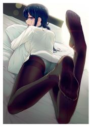 Rule 34 | 1girl, 40hara, absurdres, ass, backlighting, black hair, blue panties, breasts, dutch angle, feet, foreshortening, from behind, gusset, highres, looking at viewer, looking back, lying, medium breasts, no pants, hugging object, on bed, on stomach, original, panties, panties under pantyhose, pantyhose, pillow, pillow hug, profile, purple eyes, sidelocks, simple background, soles, solo, the pose, thighband pantyhose, underwear, white background