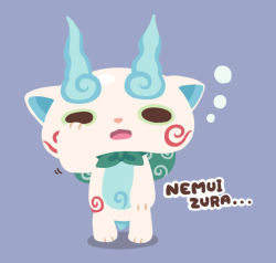 Rule 34 | 10s, chuno, full body, furoshiki, komasan, looking at viewer, no humans, open mouth, pigeon-toed, purple background, romaji text, simple background, solo, standing, traditional youkai, youkai watch