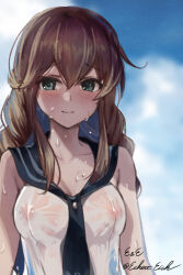 Rule 34 | 1girl, black necktie, black sailor collar, blue sky, braid, breasts, brown hair, cleavage, cloud, collarbone, eckert&amp;eich, green eyes, highres, kantai collection, looking at viewer, medium breasts, necktie, noshiro (kancolle), one-hour drawing challenge, sailor collar, school uniform, see-through, see-through shirt, serafuku, shirt, sky, sleeveless, sleeveless shirt, smile, solo, swept bangs, twin braids, upper body, wet, wet clothes