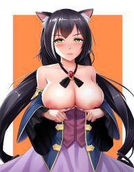 Rule 34 | 1girl, alternate breast size, animal ear fluff, animal ears, black hair, black ribbon, blush, breasts, breasts out, brooch, cat ears, cleavage, closed mouth, collarbone, corset, frilled sleeves, frills, gem, green eyes, highres, jewelry, karyl (princess connect!), large areolae, large breasts, lips, long hair, long sleeves, looking at viewer, low twintails, multicolored hair, neck ribbon, nipples, obaoba (monkeyix), off shoulder, open clothes, orange background, outside border, princess connect!, purple skirt, ribbon, simple background, skirt, smile, solo, streaked hair, twintails, upper body, very long hair, white background, white hair, wide sleeves
