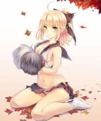 Rule 34 | 1girl, 3:, ahoge, alternate breast size, artoria pendragon (all), artoria pendragon (fate), bow, breasts, cleavage, closed mouth, crop top, fate/grand order, fate (series), gradient background, hair bow, large breasts, leaf, legs folded, looking at viewer, maple leaf, microskirt, midriff, miniskirt, navel, open fly, pleated skirt, pom pom (cheerleading), ponytail, saber (fate), saber lily, sailor collar, sailor shirt, shirt, sideboob, simple background, sitting, skirt, socks, solo, sweatdrop, teddy (khanshin), unzipped, wariza, white socks